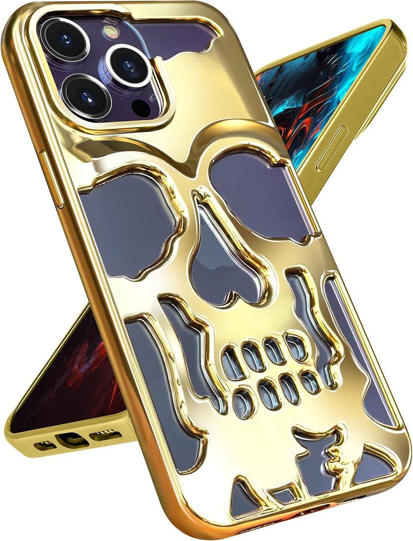 for iPhone 15 Pro Case Skull, Unique Designer Cool Funny Gothic Plated Skeleton Shockproof Halloween 15 Pro Phone Cases for Men Women Girls Boys, Golden for iPhone 15 Pro Case Skull, Unique Designer Cool Funny Gothic Plated Skeleton Shockproof Halloween 15 Pro Phone Cases for Men Women Girls Boys, Golden
