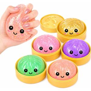 Glitter Dumpling Squishy Mystery Box - 100% Rare Hidden Edition Included, 5 Shiny Colors, 4 Random Unique Pieces, US Toy Safety Certified