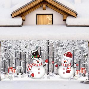 Winter Snowman Garage Door Banner Decoration Winter Garage Cover Holiday Door Cover Large Snowflake Backdrop for Indoor Outdoor House Decoration (6 x 13 ft)