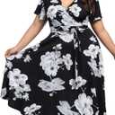 kissmay Plus Size Women's V Neck Floral Cocktail Party Midi Dresses with Pocket, 16 Plus