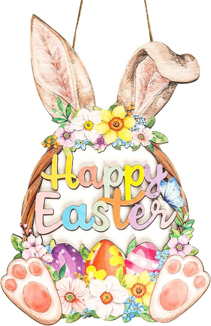 Wooden Easter Decoration, Door Wreath for Front Door, Sign Wall Signs, Rabbit Spring Decoration, Hollow Bunny Sign, Flower Egg Welcome Hanging, Home Wall Decor, Outdoor Indoor Porch, Happy Easter