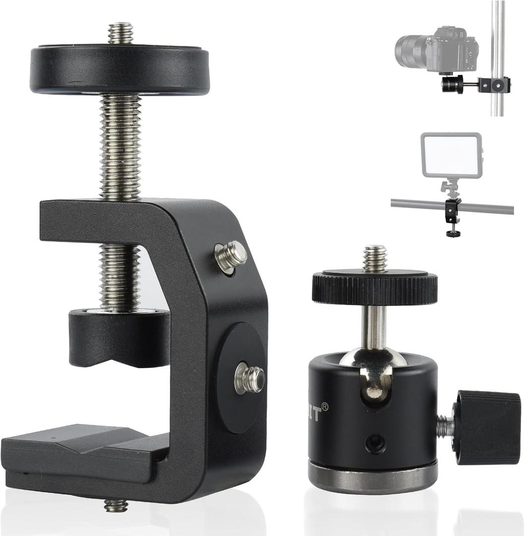 UTEBIT Super Clamp Mount with Mini Ball Head Mount, 1/4 Screw Hot Shoe Mount Adapter Camera Clamp Mount for Desk, Bicycle Gopro Clamp Mount Compatible for DJI Action 2/Insta360, Black (30mm)
