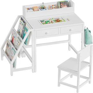 White Kids Desk and Chair Set for 5-8 Year Old Girls Boys, Small Child Desk with Bookshelf, Children Study Table with Fabric Drawer and Storage, Over dimension 14.6"D x 36.6"W x 29.6"H