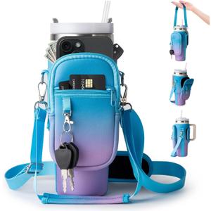 linmaya Water Bottle Carrier Bag with Phone Pocket for Stanley Cup 40/30oz,Insulated Neoprene Water Bottle Holder Cross-boday Bag with Adjustable Shoulder & Handheld Strap Stanley Cup Accessories (Blue Purple)