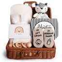 Baby Shower Gifts, Baby Gifts for Girls Boys, Unique Baby Gifts Basket Essentials Stuffs - Baby Lovey Blanket Newborn Bibs Socks Wooden Rattle & Greeting Card, Newborn Baby Gift Set (Rattan Baby Gifts (Neutral White))
