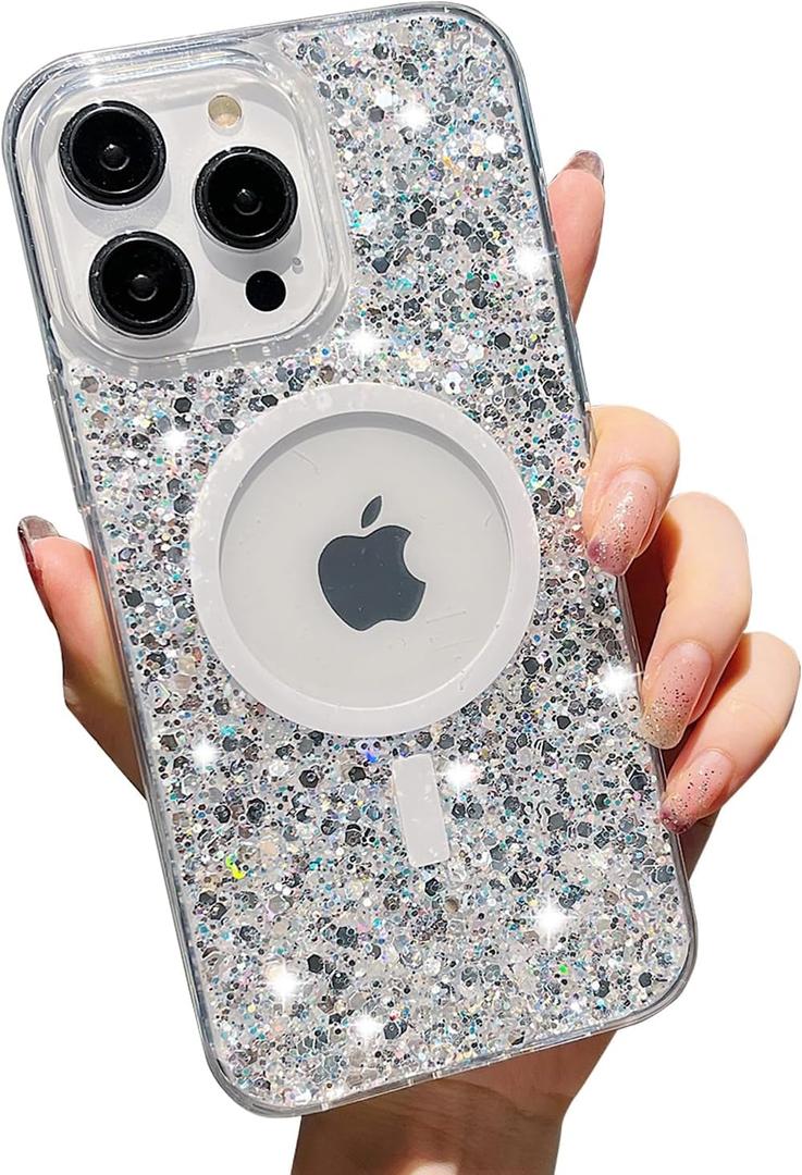 MINSCOSE Glitter for iPhone 14 Pro Max Case,Sparkly Glitter Bling Back, Magnetic [Compatible with MagSafe] Shockproof Case for iPhone 14 Pro Max 6.7"- Sparkly Silver