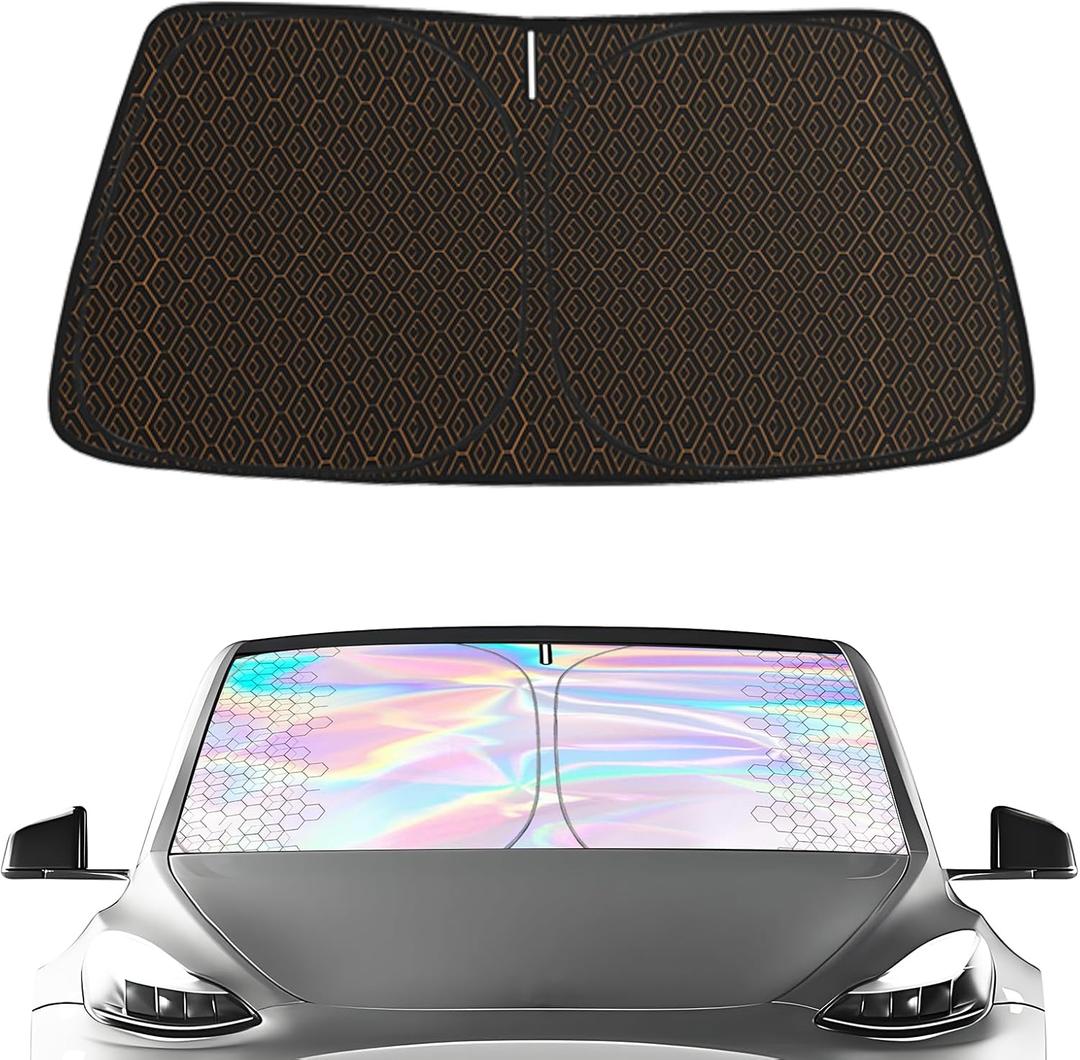 Iridescent Windshield Sun Shade Custom Fit Tesla Model 3/Y, Upgrade 5 Layers 480T Laser Titanium Silver Window Car Sunshade, Mirror Cut-Out, Rhombus Lattice Shades for Front Window, Block UV Rays Heat