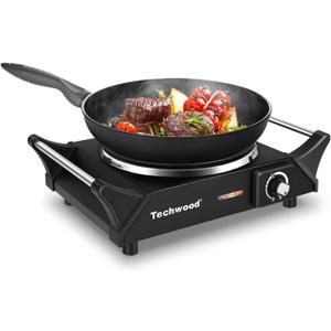 Hot Plate, Techwood Electric Stove for Cooking, 1500W Countertop Single Burner with Adjustable Temperature and Handles, 7.3 Cooktop for RV/Home/Camp, Compatible for All Cookwares Black