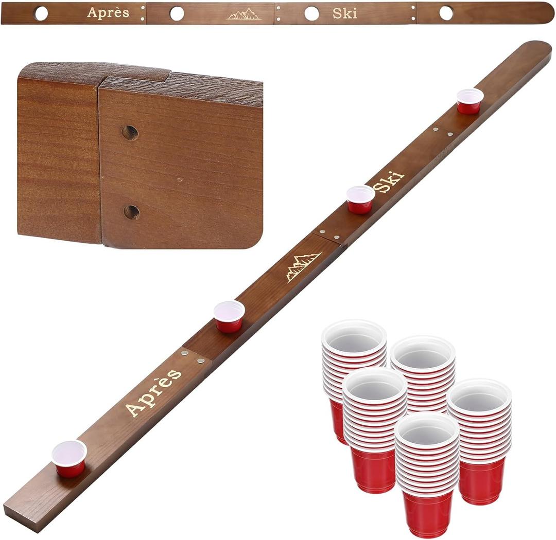 Shot Ski Board for 4 Persons, Vintage Wooden Shot Drinking Board with 50 Red Plastic Cups for Party Birthday Winter Gift Gathering Wine Decor Ornament Roulette Game (Aprs Ski)