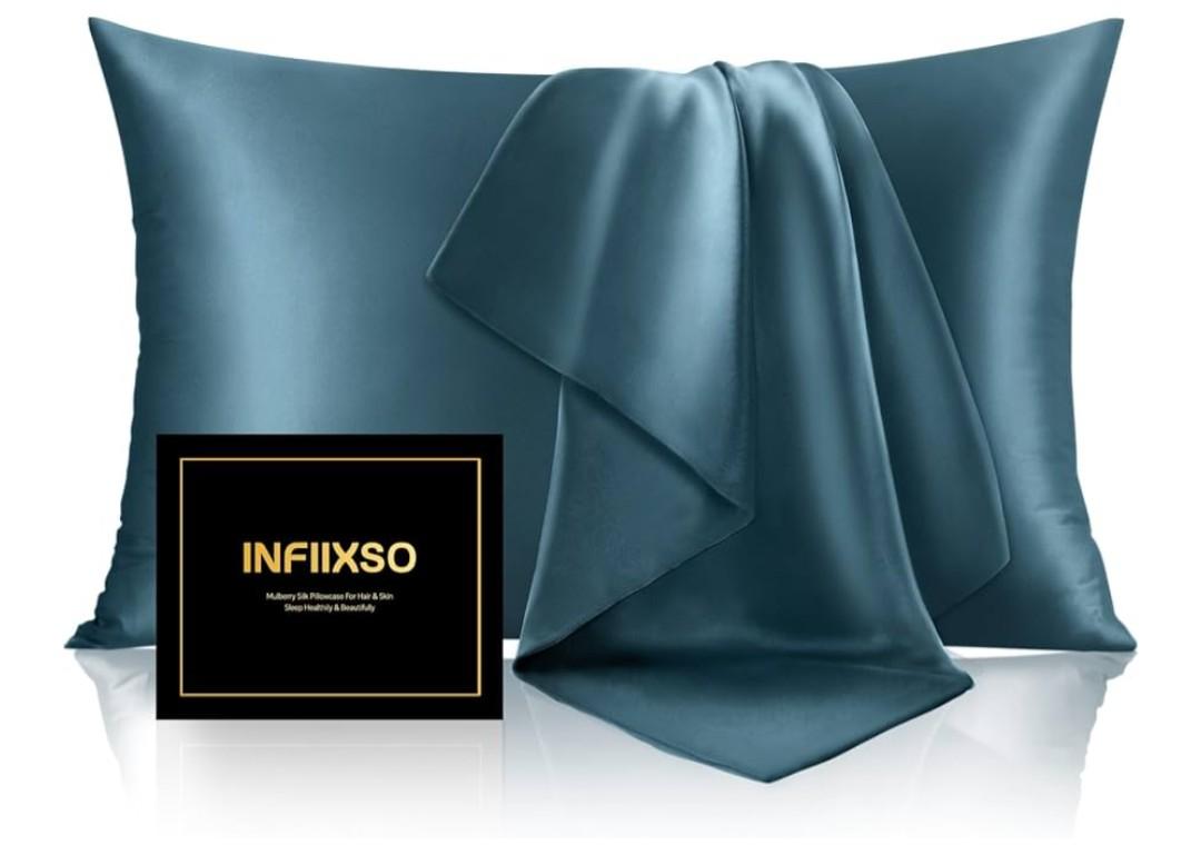 INFIIXSO Mulberry Silk Pillowcase for Hair and Skin, Silk Pillow Cases Queen Size Set of 2 with Hidden Zipper 20"x30", Ultra Smooth and Soft Cooling Pillow Cases for Hot Sleepers(Bluesteel, 2 Pack)
