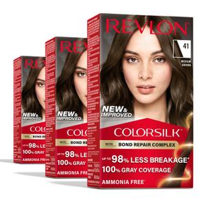 Revlon ColorSilk with Bond Repair Complex, Brown Permanent Hair Color, 100% Gray Coverage, Ammonia Free Hair Dye, Vegan Keratin, 41 Medium Brown (Pack of 3)