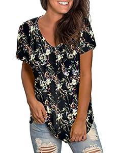 WEESO Womens Tshirts Loose Fit V Neck T Shirts Floral Tops Short Sleeve 2XL