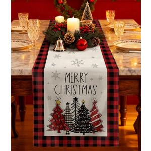 3 x Xmas Tree Christmas Table Runner - 13x72 Buffalo Plaid Christmas Tree Table Runner with Snowflake Merry Xmas Decor, Vintage Farmhouse Rustic Winter Decoration for Home Kitchen Dinner Party