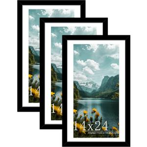 Picrit 14x24 Picture Frame 3 Pack, Black Poster Frame, Display Poster 11 x 22 with Mat or 14 x 24 without Mat for Horizontal or Vertical Wall Mounting