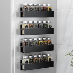 4 Pack Magnetic Spice Rack with 24 Spice Jars, Spice Labels, Chalk Marker and Funnel Set, Magnetic Spice Organizer Shelf for Refrigerator, Microwave, Seasoning Organizer for Kitchen