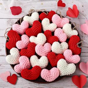 24 Pcs Valentine's Day Heart Ornaments Knitted Crochet Heart Tree Ornament 2.56 Inch Handmade Red Pink White Valentine Bowl Vase Filler Valentine Gift for Home Christmas Tree Wreath Decor