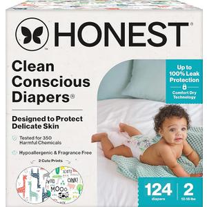 The Honest Company Comfort Dry Disposable Diapers for Sensitive Skin, Hypoallergenic, FragranceFree, MultiColored Giraffes + Barnyard Babies, Super Club Box Size 2 (1218 lbs), 124 Count