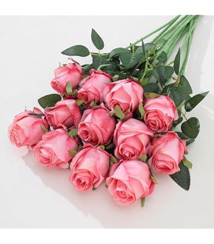 Riyuwal 12 pcs Hot Pink Roses Artificial Flowers Vintage Burnt Rose 20" Realistic Silk Roses Bouquet with Long Stem for Wedding Party Floral Centerpieces Decoration (Hot Pink)