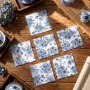 Frienda 12 Pcs Blue Floral Cocktail Coaster 6'' x 6" Something Blue and White Reusable Fabric Coaster Washable Square Dinner Towel for Bridal Shower Bachelorette Party Decoration