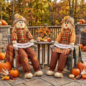2 Pack 60" Large Scarecrow Thanksgiving Fall Sitting Scarecrow, Adorable