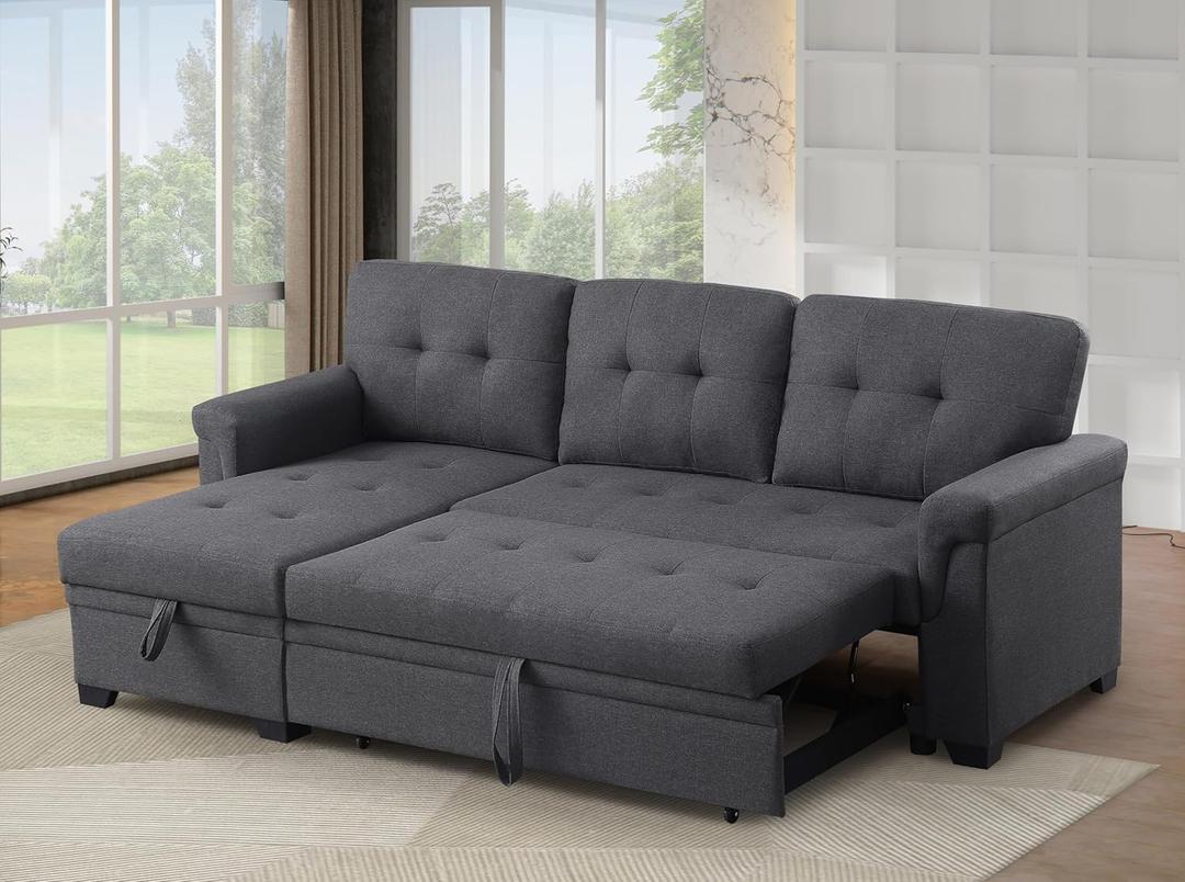 Ball & Cast L-Shape Reversible Sectional Sleeper Sofa Bed 4 in 1 Pull Out Couch with Storage Chaise & Removable Back Cushions,Convertible Sleeper Corner Couch Pull-Out Sofa Bed for Living Room,Office (Dark Gray-7)