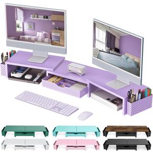 gianotter Dual Monitor Stand Riser, Desk Organizer With Drawer and 2 Pen Holders, Desk Organizers and Accessories, Purple Office Decor (Purple)