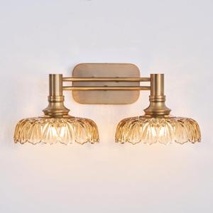 Vintage Bathroom Vanity Light Fixtures, 2-Light Brass Vanity Wall Light Over Mirror with Amber Glass Shade for Hallway Bedroom Living Room