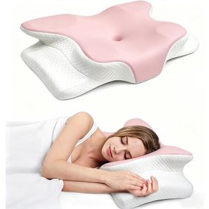Cooling Neck Support Pillow, Adjustable Cervical Memory Foam for Pain Relief, Odorless Ergonomic Orthopedic Bed Pillows for Side Back Stomach Sleepers, Cozy Sleeping (Pink)