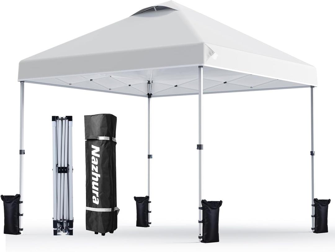 Nazhura 10' x 10' Pop Up Canopy Tent with Sand Weight Bag, Freestanding Sun Shelter for Picnic and Camping, One Person Setup and Height Adjustable (White)