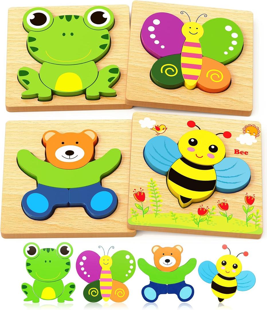 Bekayshad Wooden Puzzles Toddler Toys Gifts for 1 2 3 Year Old Boys Girls, 4 Pack Animal Jigsaw Puzzles Montessori Toys, Learning Educational Christmas Birthday Gifts for Girls Boys Ages 1-3