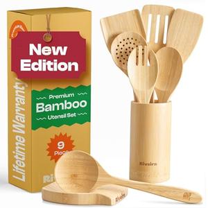 Riveira Natural Bamboo Wooden Cooking Utensils Set of 9 Premium Quality Non-Toxic Wooden Spoons and Spatulas for Cooking, Pack of 2 