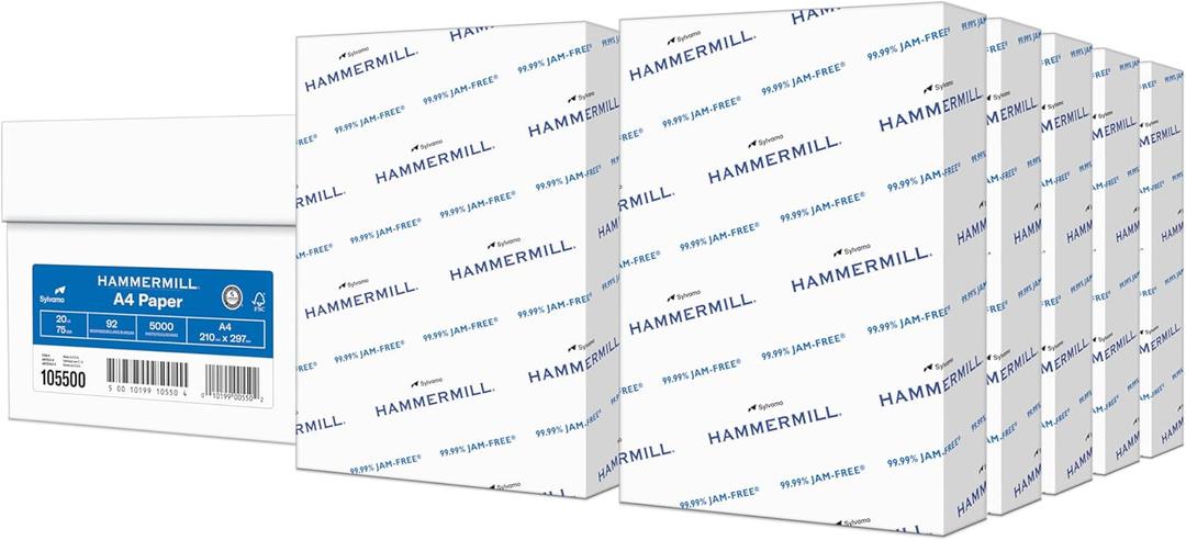 Hammermill A4 Paper, 20 lb Copy Paper (210mm x 297mm) - 10 Ream (5,000 Sheets) - 92 Bright, Made in the USA, 105500C