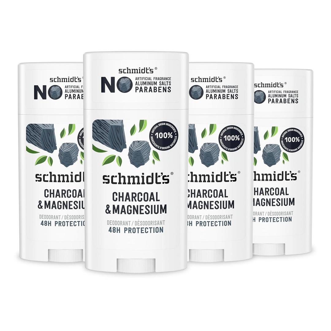 Schmidt's Aluminum-Free Vegan Deodorant Charcoal & Magnesium with 24 Hour Odor Protection, 4 Count for Women and Men, Natural Ingredients, Cruelty-Free, 2.65 Oz