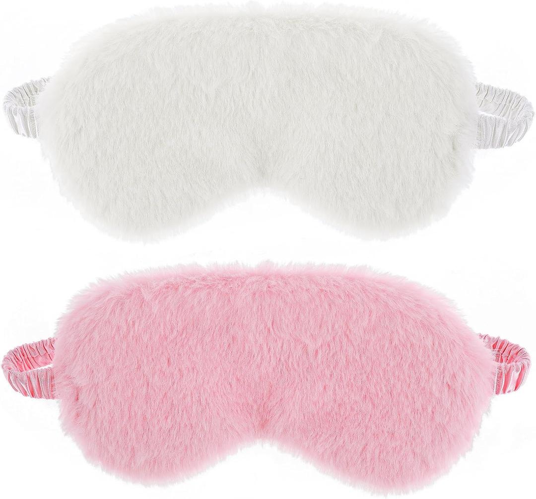 2 Pcs Plush Fluffy Eye Mask Soft Sleeping Blindfold Eye Cover Comfortable Furry Faux Fur Sleeping Mask Satin Nap Night Eyeshade Cover for Women Men Gift (White, Pink)