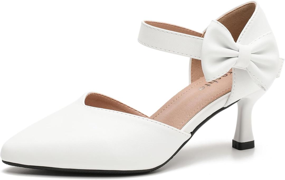 fereshte Women's Pointed Toe Bow Ankle Strap Kitten Heel Pumps, D'Orsay Style Dress Shoes (White), 46