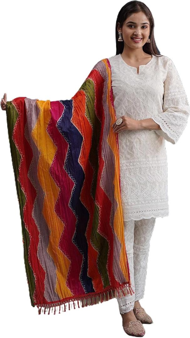 Chikankari Kurtis for Women Pakistani Salwar Kameez Suit Set Indian Dresses Cream White Kurti Pant & Dupatta Set (X-Large, Multi Off White)