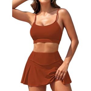 Kisscynest Womens Swim Skirt High Waisted Bikini Sets Two Piece Tummy Control Swimsuits Scoop Neck Sporty Bathing Suit (Large, Burnt Orange)