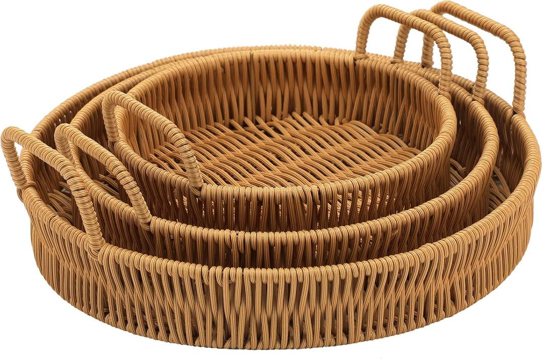Ferraycle 3 Pcs Rattan Serving Tray with Handles Woven Wicker Tray Round Shallow Rattan Basket Fruit Tray Decor for Serving (Brown)