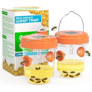 2 Pack Wasp Traps Outdoor Hanging, Solar Powered Carpenter Bee Traps for Outside with Rubber Whiskers and LED Light, Yellow Jacket Trap for Orchard, Farm, Garden, Patio, Yard, Clear Orange