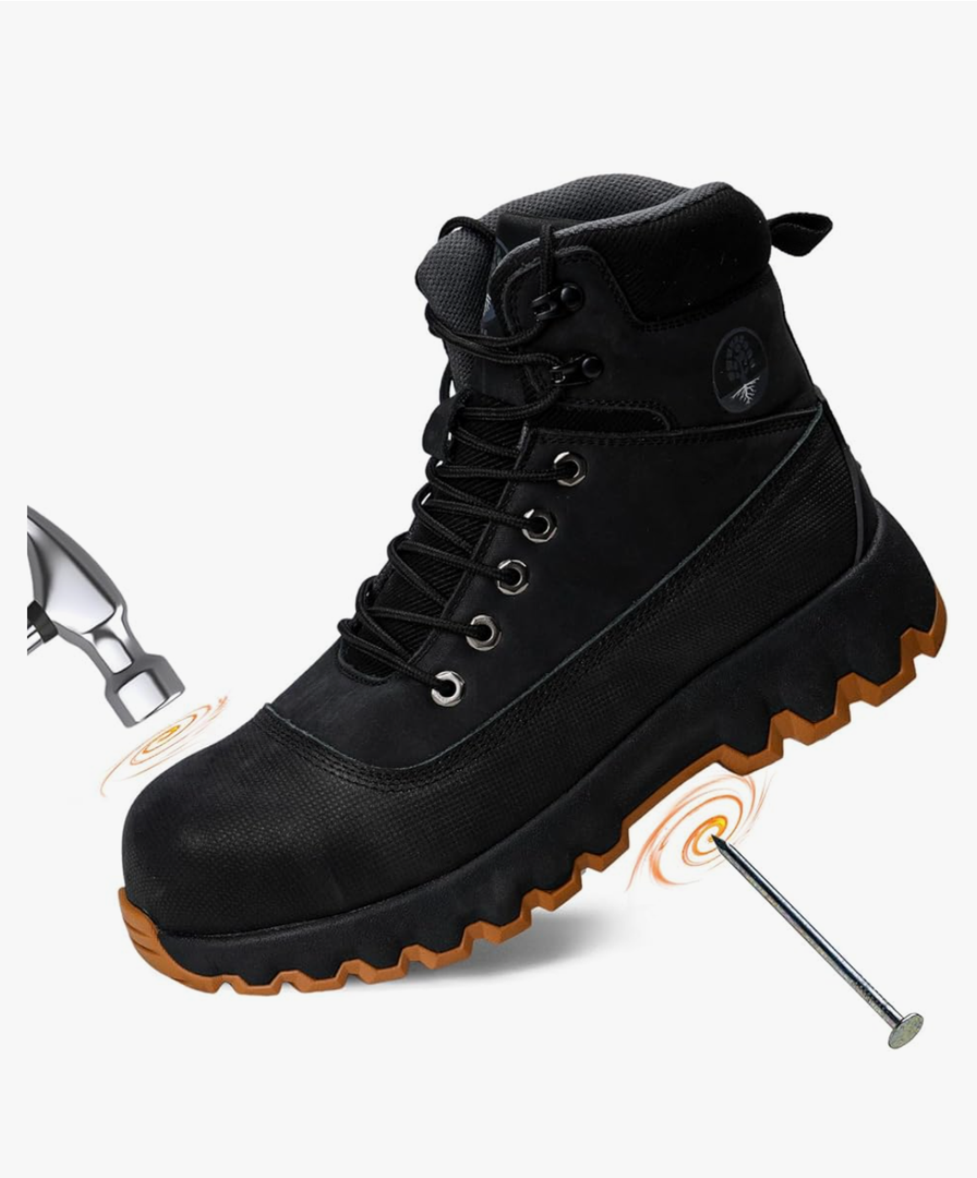 Mens work boots Composite Toe Boots for Men Genuine Leather Rubber Sole No Slip Waterproof Shoes Industrial & Construction Safety boots, added gloves