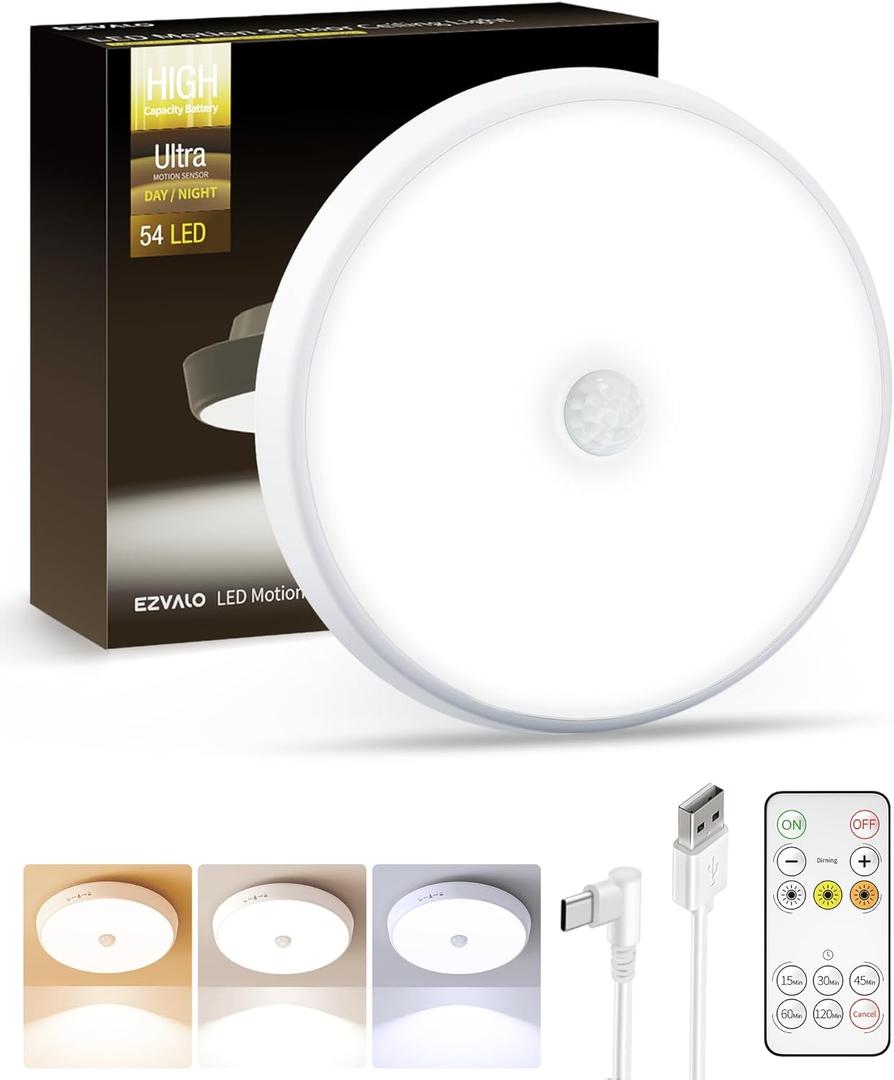 EZVALO Motion Sensor Ceiling Light, 10000mAh Rechargeable, LED UltraBright 400LM Closet Lights, Wireless Battery Operated with Remote, Shower Light with 3 Color Temps for Closet, Bathroom, Pantry (White)