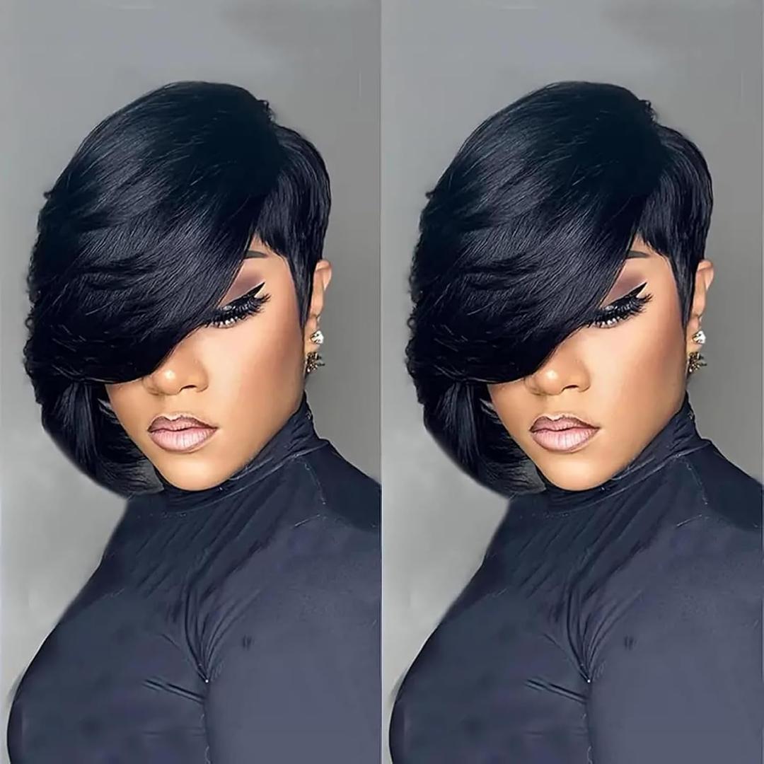 VRZ Pixie Cut Wigs for Black Women Side Part Chic Elegent Short Layered Pixie Cut Human Hair Wig With Bangs Full Machine Made wigs Human Hair Glueless Wear and Go
