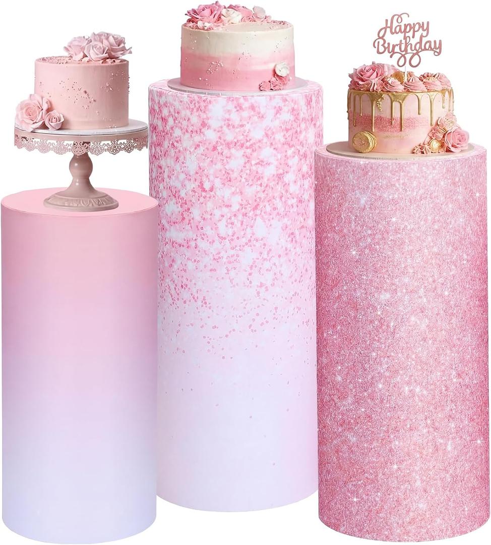 Mindsoft Set of 3 Gradient Pink Glitter Spandex Cylinder Stand Covers for Party, Flexible Cylinder Pedestal Covers, Dessert Tables Display for Birthday Party Wedding Baby Shower Backdrop Decor
