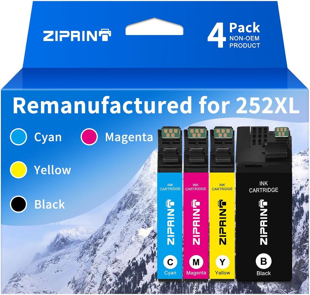 ZIPRINT Remanufactured Ink Cartridges Replacement for Epson 252 252XL Ink Cartridges Combo Pack for Workforce WF-3620 WF-3640 WF-7110 WF-7610 WF-7620 WF-7710 WF-7720, 4-Pack (BK/C/M/Y)