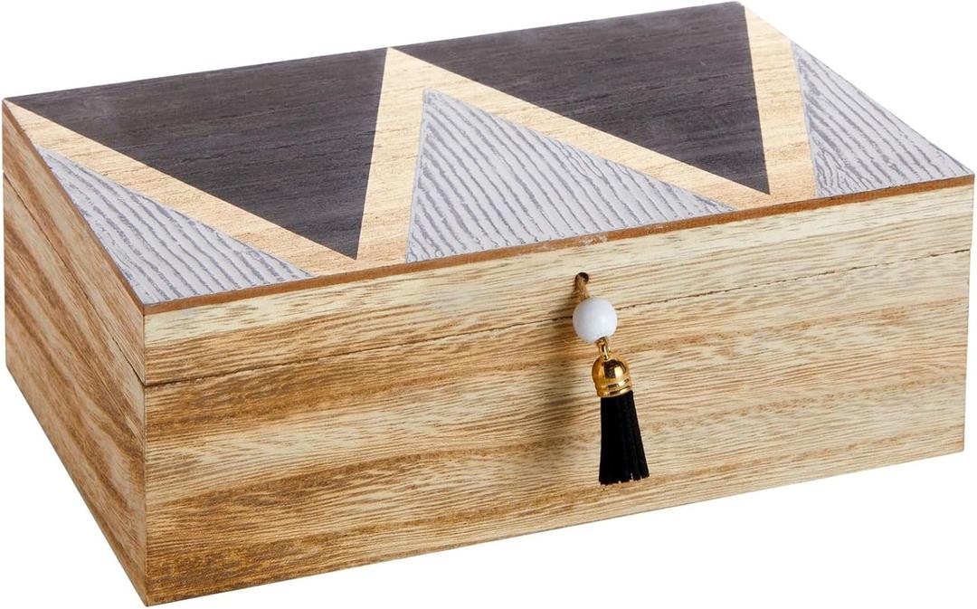 Juvale Small Wooden Decorative Box with Hinged Lid & Tassel, Jewelry & Trinket Storage - Wooden Jewelry Box - 9.4 x 6 x 3 Inches