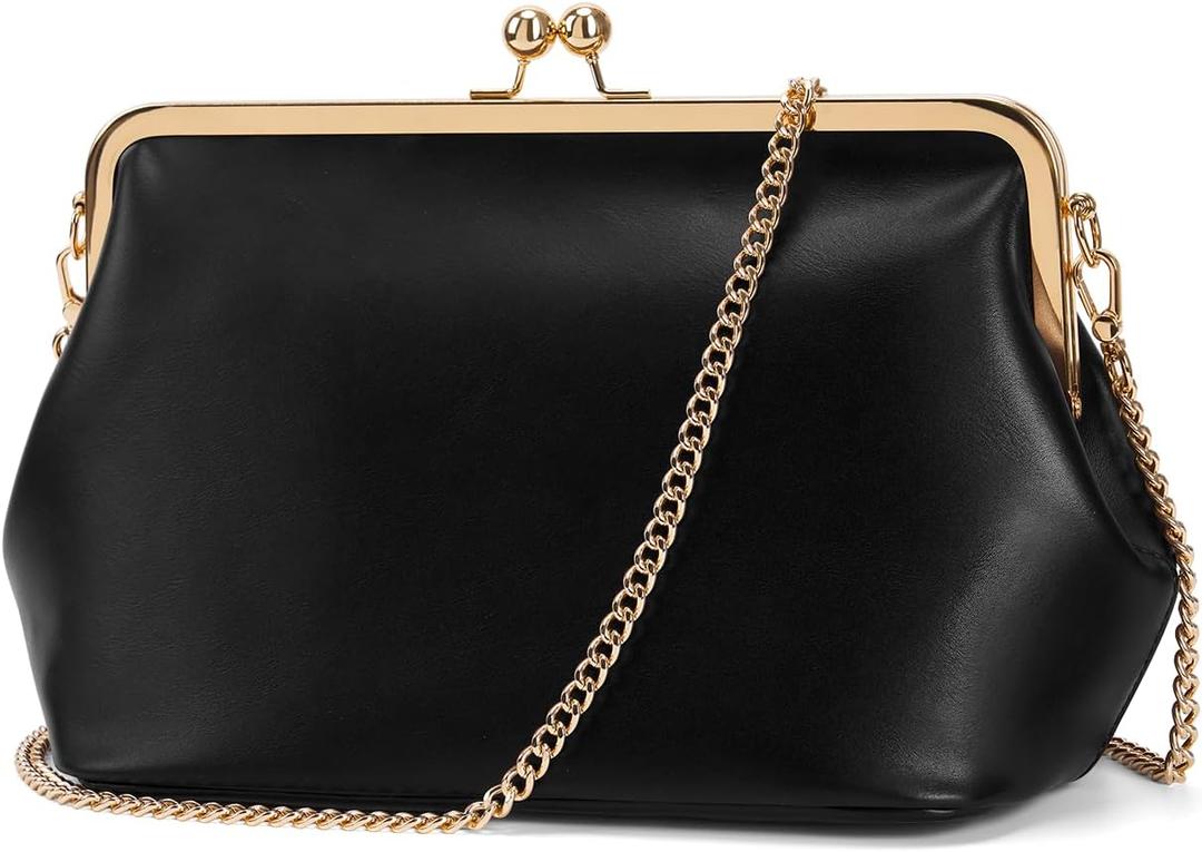 Women's Kiss Lock Crossbody Bag PU Medium Handbags Kiss Clasp Crossbody Shoulder Bags Tote Purse Messenger Handbag (Black)
