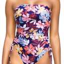 Yonique Women Strapless One Piece Swimsuit Tummy Control Bandeau Bathing Suit Cheeky Swimwear (Medium, Colorful Leaves)