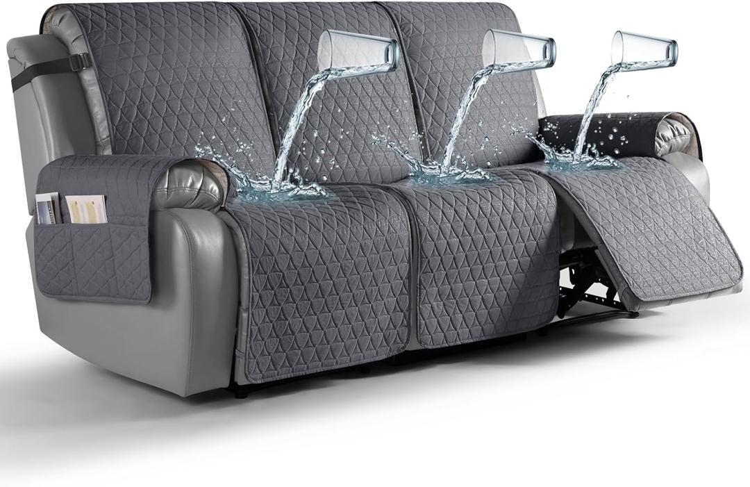 TAOCOCO 100% Waterproof Recliner Cover, Non-Slip Washable Reclining Couch Cover with Elastic Leg Straps, Furniture Protector for Dogs (Dark Gray, 3 Seater)