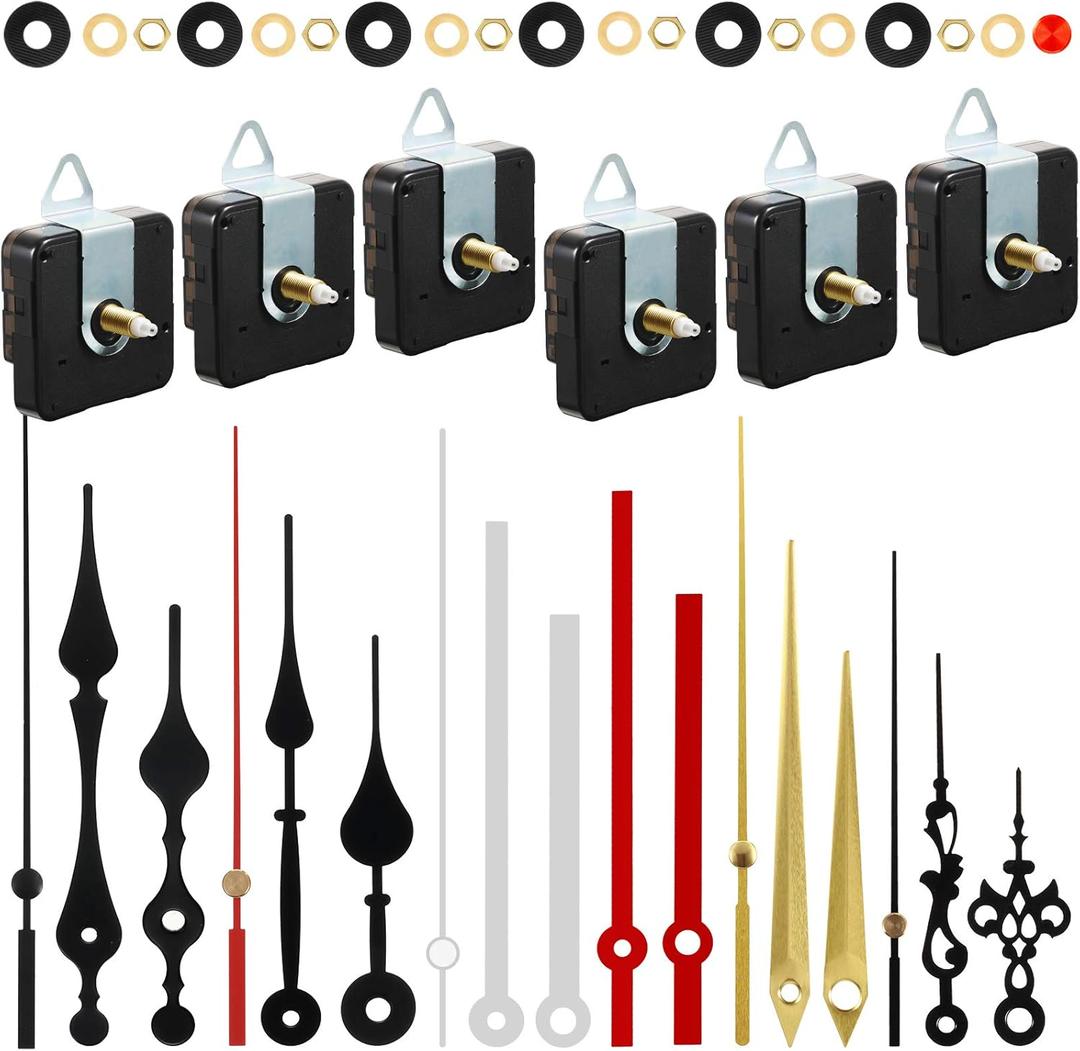 6 Pieces High Torque Quartz Clock Movement Mechanism Replacement with 6 Pairs Different Clock Hands Battery Operated DIY Long Shaft Handicrafts Repair Parts Motor Kits(20 mm/ 0.8 Inch)