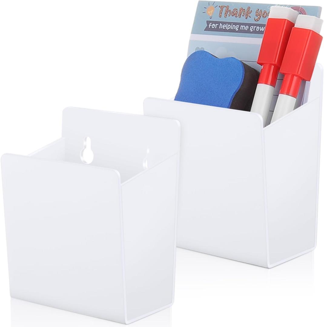 2 Pcs Acrylic Wall Mounted Marker Holder Acrylic Pen Holder Adhesive Glass Whiteboard Marker Organizer Dry Erase Organizer with Tapes Hanging Holes for Whiteboard Fridge Locker (White)